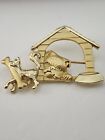 Bulldog in Doghouse With Cat Stealing Bone Gold Tone Metal Vintage Brooch