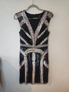 Aidan Mattox Damen Cocktailkleid Gr. 6 Schwarz Silber Pailletten Mini Etui - Bild 1 von 7