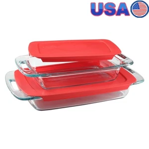 Juego de utensilios para hornear de vidrio rectangular de 4 piezas asas fáciles de agarrar tapas aptas para lavavajillas EE. UU. - Imagen 1 de 11