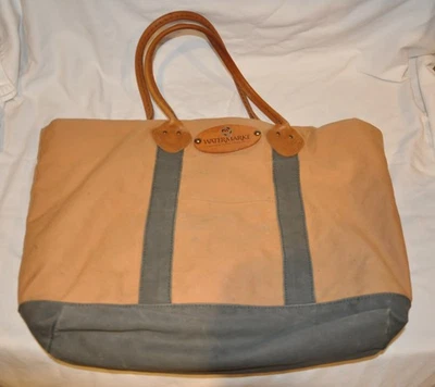 LL Bean Canvas Tote Coyote Brown Green Leather Handle Plaid Lining Custom Patch - Image 1 of 4