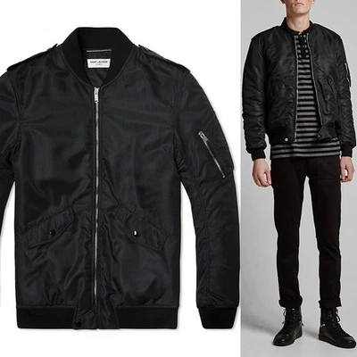 46 US 36 NUEVO $1,990 SAINT LAURENT Hombre Negro BOMBER AVIATOR CHAQUETA Icónica Nylon Foto 1 de 4