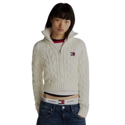 Tommy Jeans Wool Cable Knit Quarter Zip Sweater Ivory Chunky Cozy Streetwear - Image 1 of 4