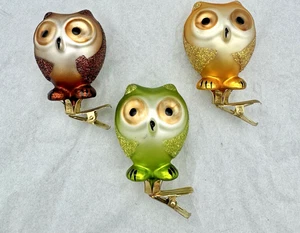 Set 3 Christopher Radko Glitzy Glass Owl Halloween / Christmas Clip On Ornaments - Picture 1 of 2