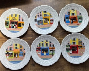 Philippe Deshoulieres Porcelain Limoges Merchant Row Appetizer Plates Set Of 6 - Picture 1 of 10