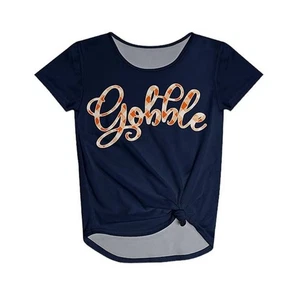 Girls Navy & Orange Knot Accent Gobble Boutique Tee - Size 8 - Picture 1 of 4