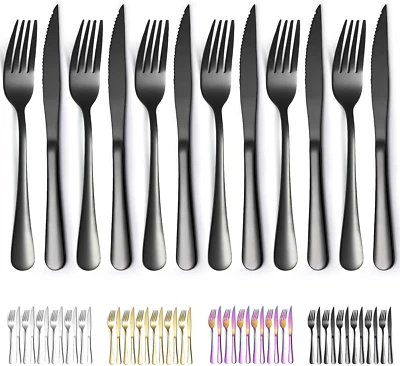 Set Di Coltelli Da Bistecca Neri 12 Pezzi, 6 Forchette in Acciaio Inossidabile i - Immagine 1 di 4