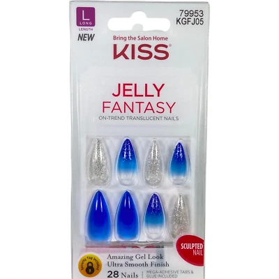 NEW Kiss Nails Jelly Fantasy Press Glue Manicure Long Gel Stiletto Blue Silver - Image 1 of 3