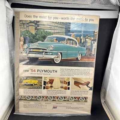 1954 Plymouth Car Advertisement 💥 Vtg Print AD 10”X14” 💥 Man Cave Gift Boarded - Image 1 of 4