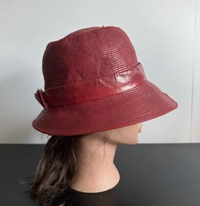 Vintage Saks Fifth Ave Millinery Salon Made In France Red ??Leather?? Cloche Hat - Picture 1 of 8