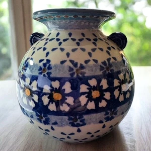 Polnische Keramik ~ 5" RUNDE VASE MIT OHREN handgefertigt Vintage - Bild 1 von 4