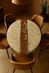 White Agate & Petrified Wood Oval Table – Natural Stone Top, Luxury Gemstone art - Picture 1 of 12