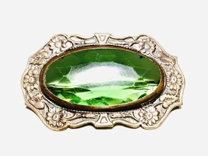 VIKTORIANISCHE VERSILBERTE MESSING GLAS FLORAL SCHÄRPE ANSTECKNADEL BROSCHE GRÜNE KUNST - Bild 1 von 9