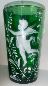 Victorian Mary Gregory Hand Blown Green Glass Angel In The Garden Hand Painted - Picture 1 of 9