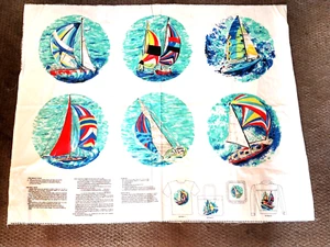 Vintage Cotton Fabric Panel "World Cup Sails Collection" Applique's Sail Boats - Picture 1 of 10