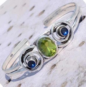 Faceted Peridot Tanzanite Handmade Gift Bracelet 925 Sterling Silver Cuff Bangle - Picture 1 of 8