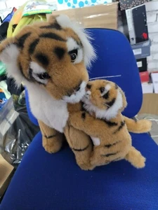 Tiger Tigers Kid Cub Mama Plush Stuffed Animal Cat Attached Vintage Rare Pair - Picture 1 of 3