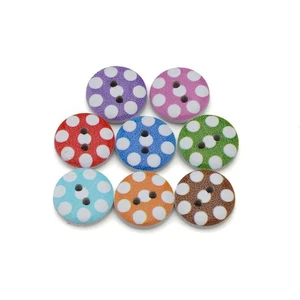 50Pcs Wooden Buttons, Polka Dot Print, 2-Hole, Assorted Colors, DIY Sewing 15mm - Picture 1 of 4
