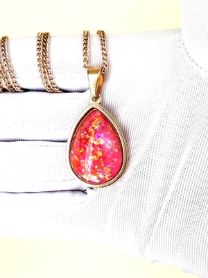 Colgante de ópalo: Sherbet rosa resina ópalo lágrima 18-KGP oro rosa acero inoxidable Foto 1 de 4