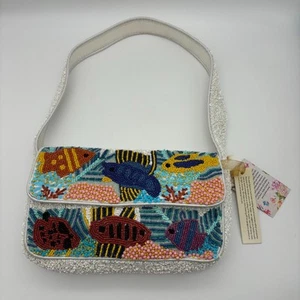 NUEVO CON ETIQUETAS Bolso de Hombro Cartera Adornado con Cuentas Colorido Peces Tropicales Océano - Imagen 1 de 6