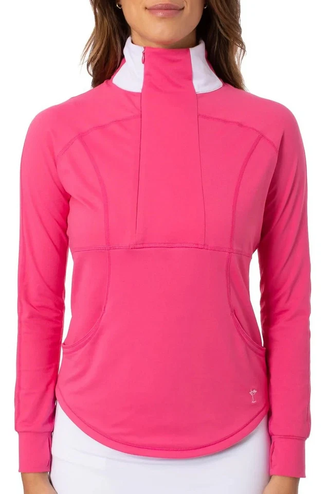 Pullover Golftini Talla Mediana Rosa Caliente Contraste Cuarto Cremallera Manga Larga Golf AD64 Foto 1 de 4
