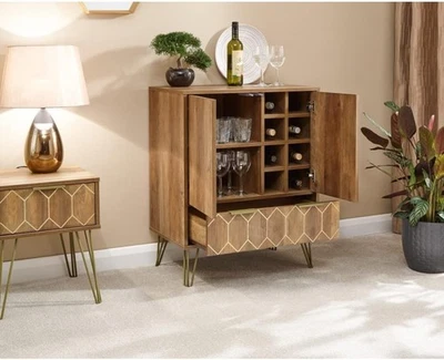 Modern Gold Bar Cabinet with Wine Rack & Drawer | Home Drinks Sideboard Unit - Image 1 of 4