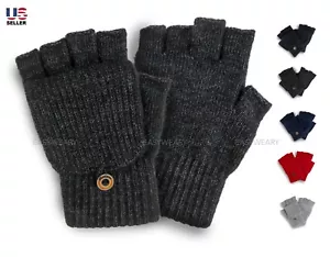 Men Women Winter Wool Knitted Convertible Mittens Flap Fingerless Gloves Thermal - Picture 1 of 10