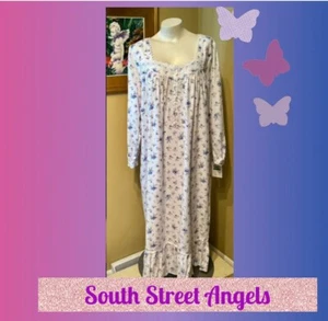 EILEEN WEST E5226621 ~ BLUE/WHITE ROSES ~ COTTON RAYON FLANNEL NIGHTGOWN ~ LARGE - Picture 1 of 14