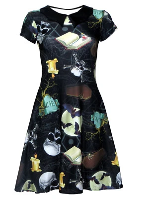 Gothic Bats On The Moon, Skulls, Pentagram, Coffin Halloween Bat Collar Dress - Image 1 of 3