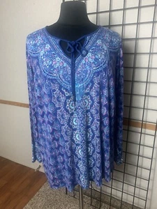 BELLE by Susan Gravel Women Size 1X Embellished Front L/S Blue Print Top - Picture 1 of 7