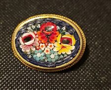 Vintage Micro Mosaic Pin Brooch Oval Floral Black Background Miniature Italian 