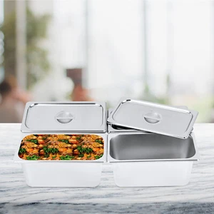4PCS 6" Deep Stainless Steel Steam Table Pans W/ Lids 1/3 Size Hotel Food Prep - Picture 1 of 8