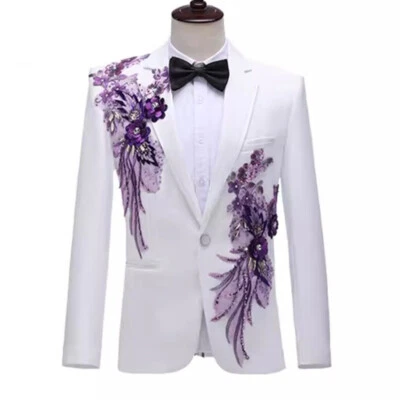 Men Formal Sequin Flower Rhinestone Coat Suit Blazer Lapel Wedding Party Jacket - Image 1 of 4