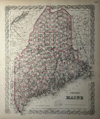 Mapa antiguo original coloreado a mano de Colton's Maine 1870 17" x 14" Foto 1 de 3