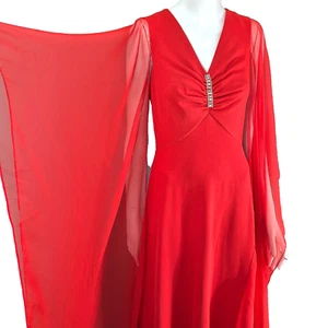 Vintage 1970s Red Dress Chiffon Butterfly Sleeves Dramatic Cocktail Frock Sz 14 - Picture 1 of 6