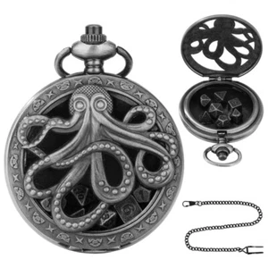 7x Polyhedral Metal DND Dice Set in Octopus Pocket Watch Shell Case + FOB Chain - Picture 1 of 13
