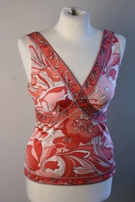 Blusa sin mangas Isabella DeMarco S 100 % seda rosa blanca floral cuello en V Foto 1 de 4