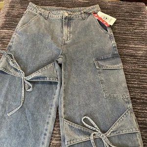 Cider Cargo Jeans Medium Wide Leg Bow Baggy Loose Utility Denim Streetwear Y2K - Picture 1 of 21