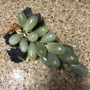 Vintage Alabaster Marble Stone Green Grape Cluster with Jade Leaves - Picture 1 of 8