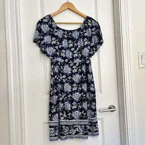Vestido J.Jill XS Azul Estampado Floral Hombro Descubierto Volantes Suave Líquido Tejido Solero - Imagen 1 de 12