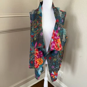 Anu 100% Wool Embroidered Vest Gray Blue Boho Open Front Bright Colorful Size M - Picture 1 of 7