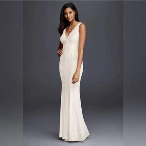 Db Studio Allover Lace V-Neck Sheath Wedding Dress Ivory Size 4 Sleeveless Brida - Picture 1 of 12