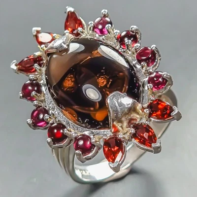 Anillo de cuarzo ahumado natural de 14 quilates con piedras preciosas de plata de ley 925 talla 9/R445206 Foto 1 de 4