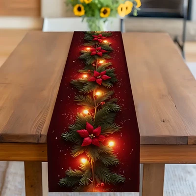 1 Piece of Luminous Christmas Flower Pine Branch Table Runner, Red Background Pr