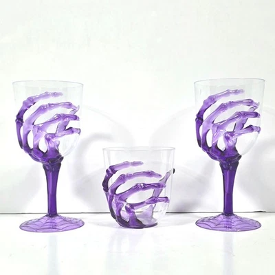 Set of 3 Halloween Skeleton Hand Goblet Purple Acrylic Wine Glass Party Drinking - Image 1 of 4