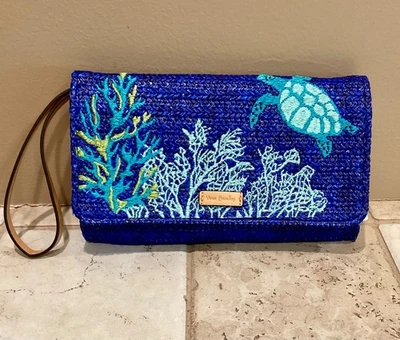 Muñeca sin asas VERA BRADLEY azul paja/piel sintética playa bordada tortuga Foto 1 de 4