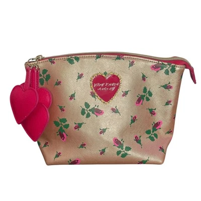Betsey Johnson Rose Gold Rosebuds T Bottom Clam Pouch Makeup Bag Hearts Pink - Image 1 of 4