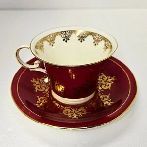 Aynsley England Bone China Teacup & Saucer Maroon Gold Gilt Floral Vintage Set - Picture 1 of 4
