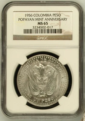 COLOMBIA 1956 PESO POPAYAN MINT ANNIV NGC MS 65 - Image 1 of 2