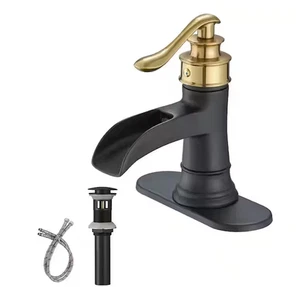BWE A-96556-GB Waterfall Low-Arc Bathroom Faucet Matte Black+Gold NEW - Picture 1 of 7