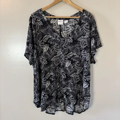 Camisa Top Rachel Zoe 100% Lino Negro Blanco Hojas Manga Corta Talla 3X Foto 1 de 4